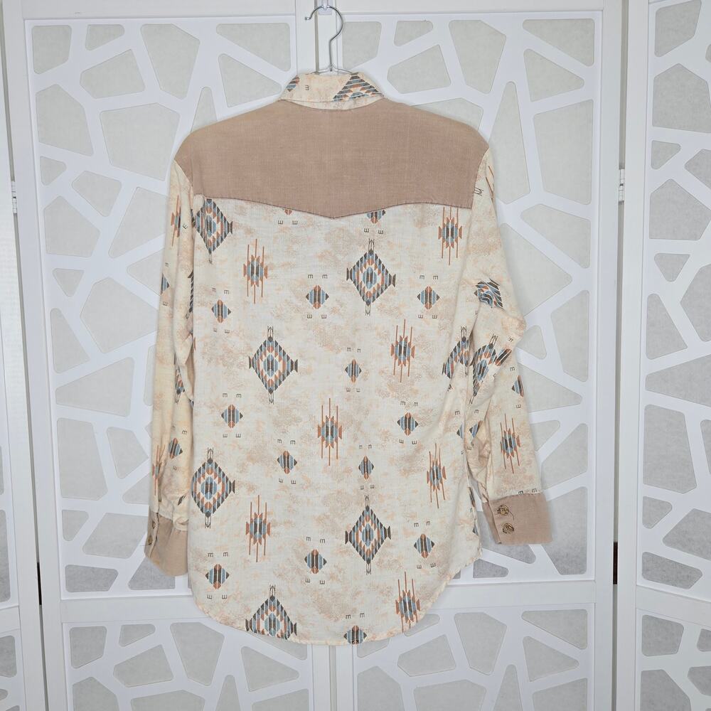 VINTAGE Lazy H Cream Corduroy Aztec Long Sleeve Button Down Shirt Mens SZ SM - Picture 6 of 6